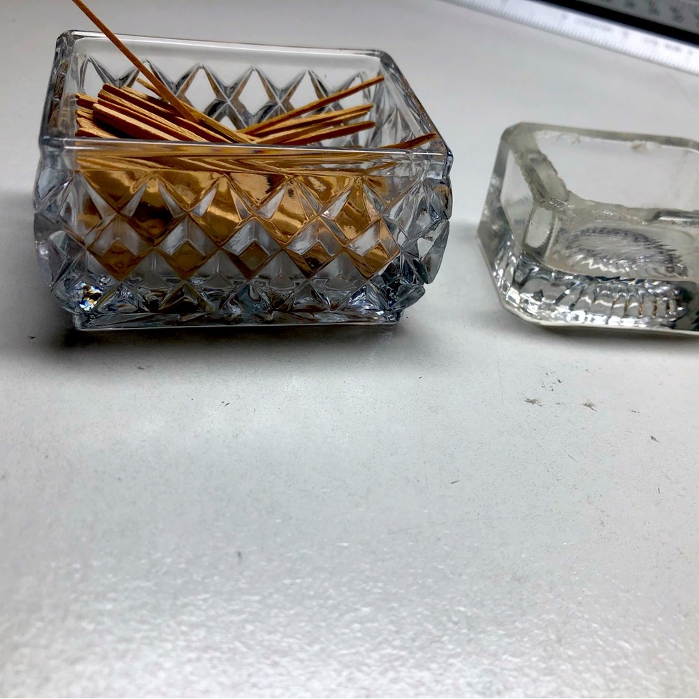 Two square glass dishes one can be used as a tooth pick holder see sizes on pc